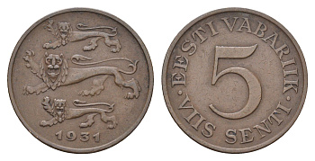 Эстония 5 сентов 1931 год-тип KM 11 бронза 4666-624