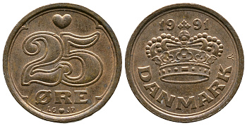 ДАНИЯ 25 ЭРЕ 1991 LG; JP; A, МАРГРЕТЕ II (1972-) KM 868.1 бронза 4110-1725