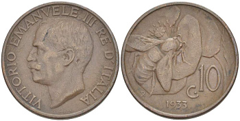 ИТАЛИЯ 10 ЧЕНТЕЗИМО 1933 R, МОНДВОР РИМ, ВИКТОР ЭММАНУИЛ III (1900-1946) KM 60 медь 4525-321
