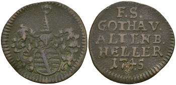 Саксен-Гота-Альтенбург 1 геллер 1745 KM 2 медь 99-719