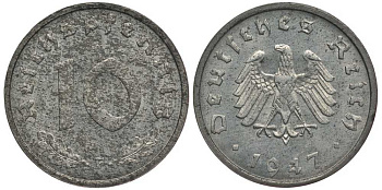 Германия 10 рейхспфеннигов 1947 F, оккупация Германии союзными войсками J. 375, KM A104 цинк UNC 4127-1233