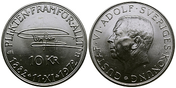 Швеция 10 крон 1972 U, 90 лет со дня рождения Густава VI Адольфа KM 847 серебро UNC 1521-514