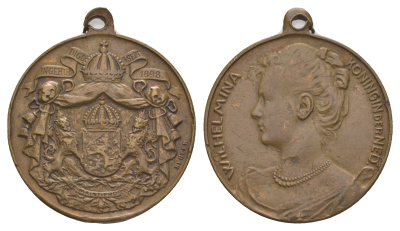 Нидерланды медаль "Коронация Вильгельмины" 1898 Коронация Вильгельмины 6 сентября 1898 года на престол Нидерландов, диаметр 29 мм, вес 11,25 гр  бронза    4127-824