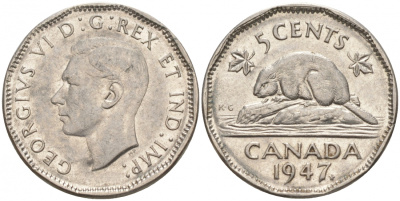 Канада 5 центов 1947 бобр Maple leaf, Георг VI (1936-1952) KM 39a никель 73-1243