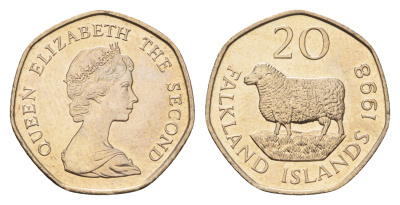 Фолклендские острова (Фолкленды) 20 пенсов 1998 Елизавета II (1952-2022), овца Ромни-марш KM 17 медно-никель  UNC  4675-223