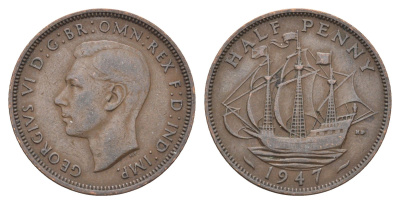 Великобритания 1/2 пенни 1947 Георг VI (1936-1952) KM 844, Spink 4115 бронза    4660-624