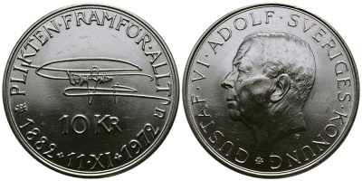 Швеция 10 крон 1972 U, 90 лет со дня рождения Густава VI Адольфа KM 847 серебро UNC 1521-514