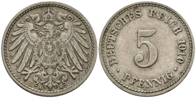 Германия 5 пфеннигов 1910 A, KM 11, J. 12 медно-никель 4608-929
