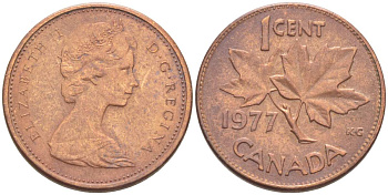 Канада 1 цент 1977 Елизавета II (1952-2022), кленовый лист KM 59.1 бронза 4516-1256