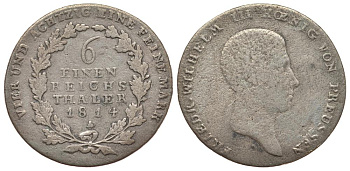Пруссия 1/6 рейхсталера 1814 A, Фридрих Вильгельм III (1797-1840) KM 385 серебро     1522-1143