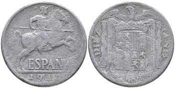 ИСПАНИЯ 10 СЕНТИМО 1941 РЫЦАРЬ НА КОНЕ KM 766 алюминий 110-921