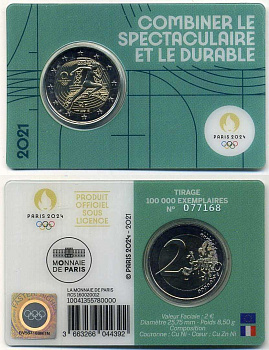 Франция 2 евро 2021 XXXIII летние Олимпийские игры, Париж 2024, в оригинальном блистере KM 2945 биметалл BU 5-6-3-27