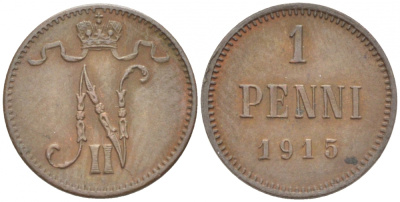 РОССИЯ ДЛЯ ФИНЛЯНДИИ 1 ПЕННИ 1915 НИКОЛАЙ II KM 13, Биткин 475 медь 4396-1447