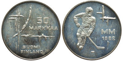 Финляндия 50 марок 1982 K-T, чемпионат мира по хоккею KM 60 серебро 1530-1443