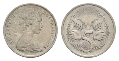 Австралия 5 центов 1975 Елизавета II (1952-2022) молодой портрет, ехидна KM 64 медно-никель 4655-1261