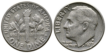 США 10 ЦЕНТОВ = 1 ДАЙМ 1977 D, РУЗВЕЛЬТ KM 195а медь плакированная медно-никелем 73-1721