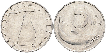 Италия 5 лир 1998 R, дельфин KM 92 алюминий  UNC  4594-1022
