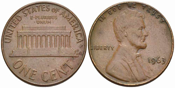 США 1 ЦЕНТ 1963 ЛИНКОЛЬН KM 201 медь цинк 105-626