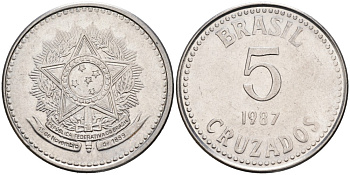 Бразилия 5 крузадо 1987 реформа (1986-1989) KM 606 нержавеющая сталь 4178-554