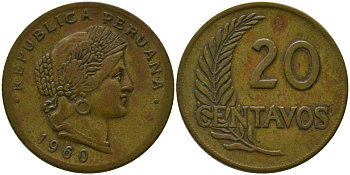 Перу 20 сентаво 1960 KM 221.2b, Schon 29.2 латунь 4539-257