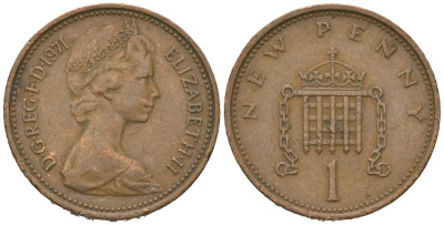 Великобритания 1 пенни 1971 Елизавета II (1952-2022) KM 915, Spink 4237 (B1) бронза 4618-736