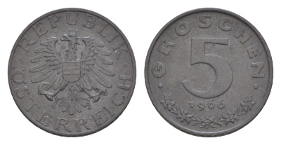 Австрия 5 грошей 1966 KM 2875 цинк 4632-642