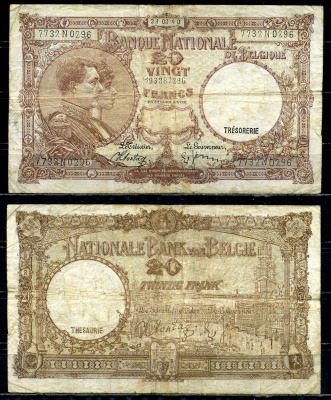 Бельгия 20 франков 1940 23.02.1940, Король Альберт I и его жена Королева Елизавета, Гран-Плас / Гроте Маркт, Брюссель Pick 111 (1) бумага 6301-26-1-2