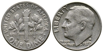 США 10 ЦЕНТОВ = 1 ДАЙМ 1977 D, РУЗВЕЛЬТ KM 195а медь плакированная медно-никелем 73-1721
