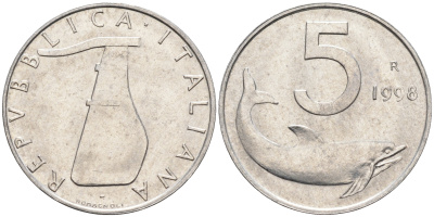 Италия 5 лир 1998 R, дельфин KM 92 алюминий  UNC  4594-1022