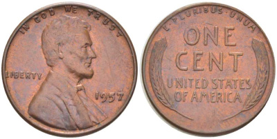 США 1 ЦЕНТ 1957 ЛИНКОЛЬН KM А132 медь цинк 211-644