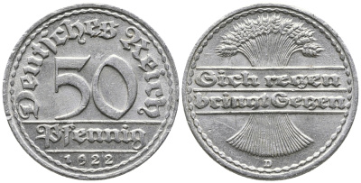 ГЕРМАНИЯ 50 ПФЕННИГОВ 1922 D KM 27, J. 301 алюминий 24-1115
