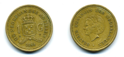 Нидерландские Антилы 1 гульден 1989 Беатрикс (1980-2013) KM 37 позолоченная сталь 25-736