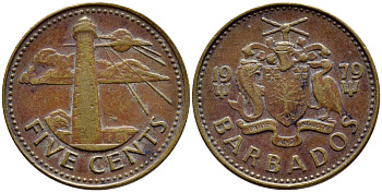 Барбадос 5 центов 1979 маяк Саут-Пойнт KM 11 латунь 4398-513