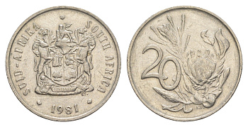 ЮАР 20 центов 1981 герб, цветок протея KM 86 никель 4601-545