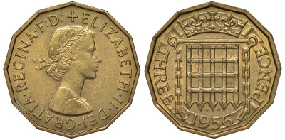 Великобритания 3 пенса 1956 Елизавета II (1952-2022) KM 900, Spink 4153 никель латунь 4122-927