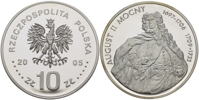 Польша 10 злотых 2005 MW, серия короли польши, Август II Сильный (1697-1706) (1709-1733) KM 461 серебро PROOF 1074-8-55