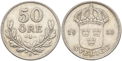 Швеция 50 эре 1933 G, Густав V (1907-1950) KM 788 серебро 4148-841