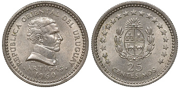 Уругвай 25 сентесимо 1960 KM 40 медно-никель 4169-947