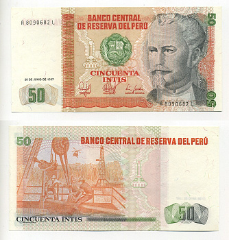 Перу 50 инти 1987 Николас де Пьерола, президент Pick 131 b бумага UNC (пресс) 6317-7-3
