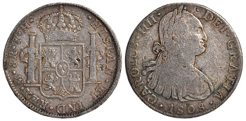 МЕКСИКА 8 РЕАЛОВ 1808 TH, МОНДВОР Mo (МЕХИКО СИТИ), КАРЛ IV ИСПАНСКИЙ (1788-1808), ПРОБА 903 KM 109 серебро 00-00