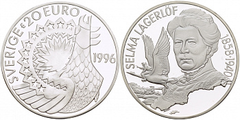 Швеция 20 евро 1996 Карл XVI Густав (1973- ), шведская писательница Сельма Лагерлеф (1858-1940) серебро PROOF 1087-1-75
