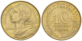 Франция 10 сантимов 1974 KM 929 алюминиевая бронза aUNC 261-522