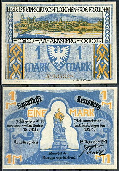 Германия, Арнсберг 1 марка 1921 нотгельд, 15.7.1922 Li. 41a, M. 42.1 бумага UNC (пресс) 00-00