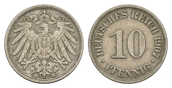 Германия 10 пфеннигов 1907 A, Вильгельм II (1888-1918) KM 12, J. 13 медно-никель 4644-1163