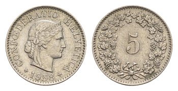 Швейцария 5 раппенов 1958 B KM 26 медно-никель 4643-333