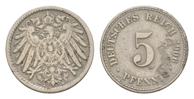 Германия 5 пфеннигов 1906 A, Вильгельм II (1888-1918) KM 11, J. 12 медно-никель 4647-863