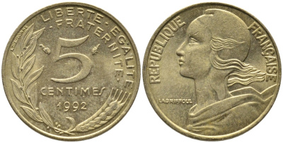 ФРАНЦИЯ 5 САНТИМОВ 1992 ТИП MARIANNE KM 933 медь алюминий никель 99-1126