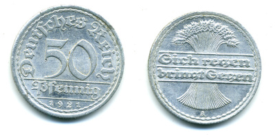 Германия 50 пфеннигов 1921 A KM 27, J.301, Weege 10 алюминий 4385-544