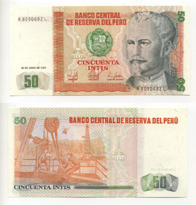 Перу 50 инти 1987 Николас де Пьерола, президент Pick 131 b бумага UNC (пресс) 6317-7-3