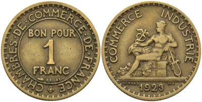 Франция 1 франк 1923 KM 876, Le Franc 218.5 алюминиевая бронза 4142-742